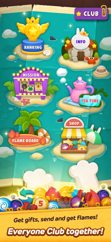 LINE Bubble 2 - Menu du jeu LINE Bubble 2 présentant les fonctionnalités sociales du club et la carte des missions sur le thème de l'île