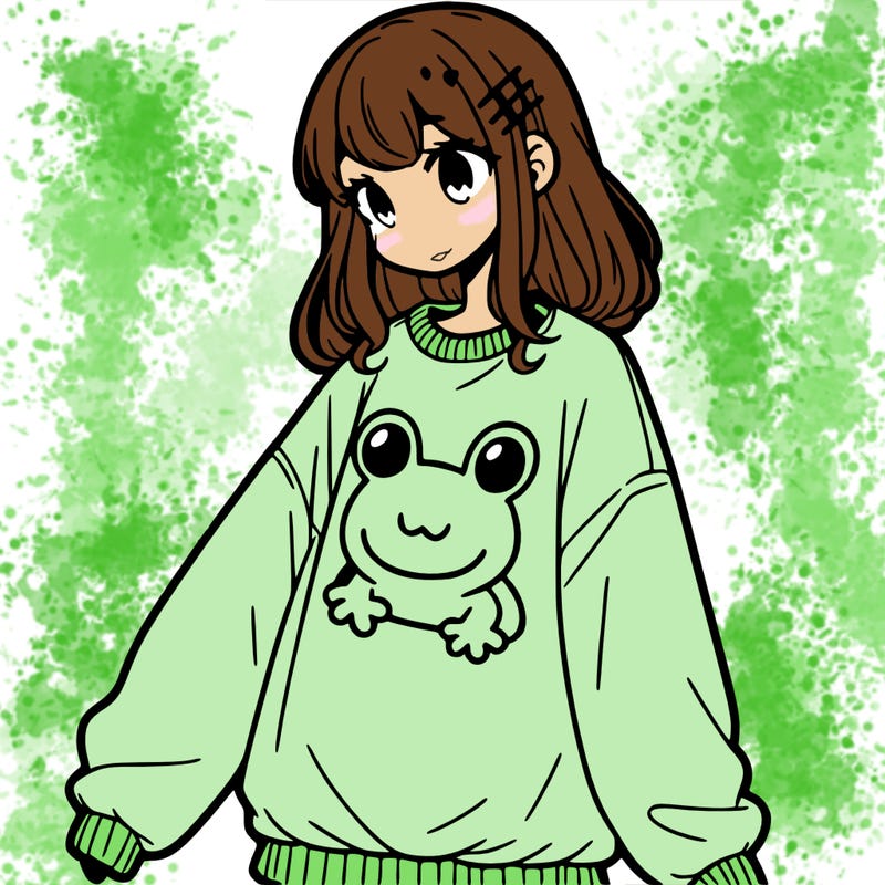 girl wearing frogging sweatshirt