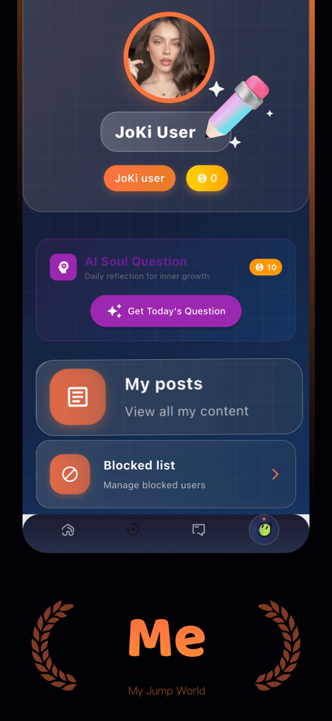 JoKi - Pantalla de perfil de usuario de la aplicación de comunidad de saltar la cuerda JoKi que muestra la configuración de la cuenta y las publicaciones.