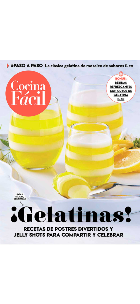 Cocina Fácil - Cocina Facil magazine cover featuring striped yellow and white gelatin desserts