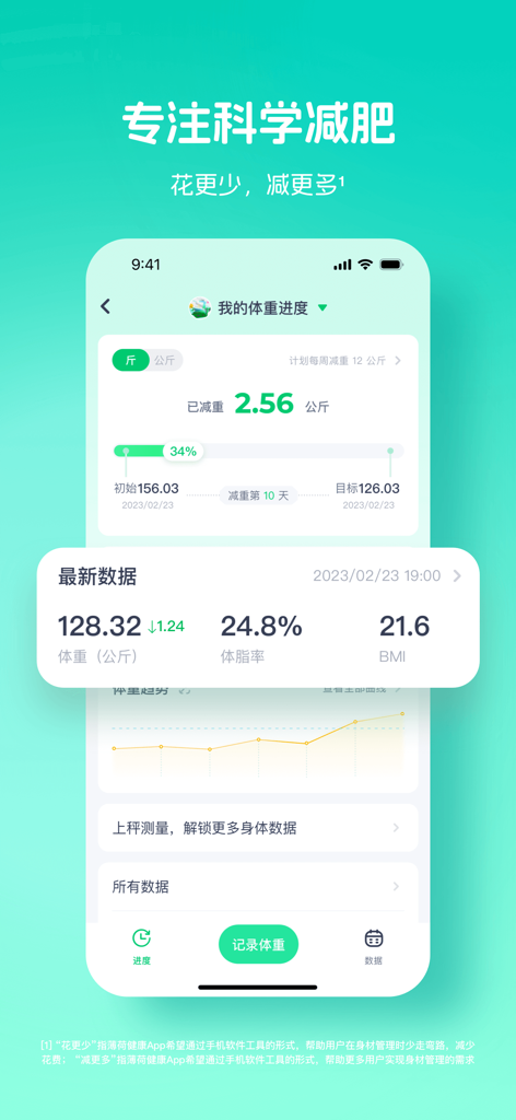 Mobile interface of Boohee Health app displaying weight loss progress, body fat percentage, and BMI tracking data.