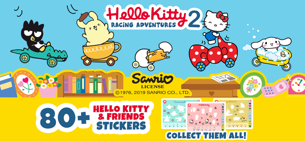 Hello Kitty car games for girl - Hello Kitty and friends characters in whimsical vehicles with a sticker collection feature for kids.