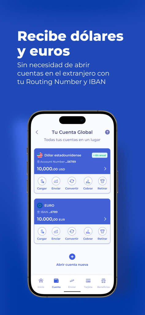 Écran de l'application mobile Global66 montrant les soldes de comptes en dollars américains et en euros avec les détails du routage et de l'IBAN.