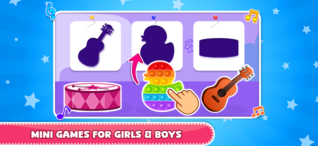 Simple Piano Songs Music Games - A colorful matching puzzle mini game for children featuring musical instruments and a rainbow toy duck