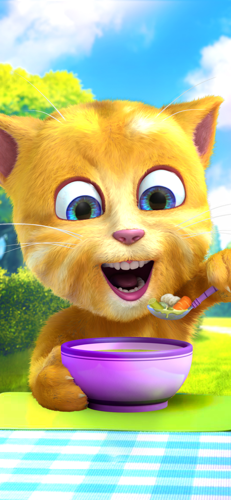 Talking Ginger eating vegetables from a purple bowl outdoors.