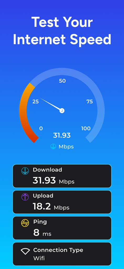 Wifi Analyzer app interface showing download and upload internet speed test results