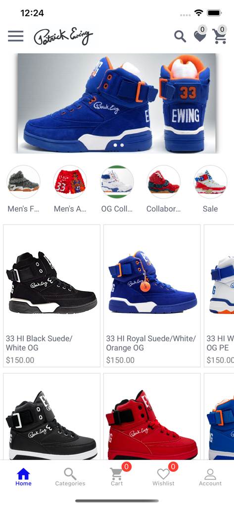 Schermata principale dell'app Ewing Athletics con una varietà di sneaker da basket alte retrò.