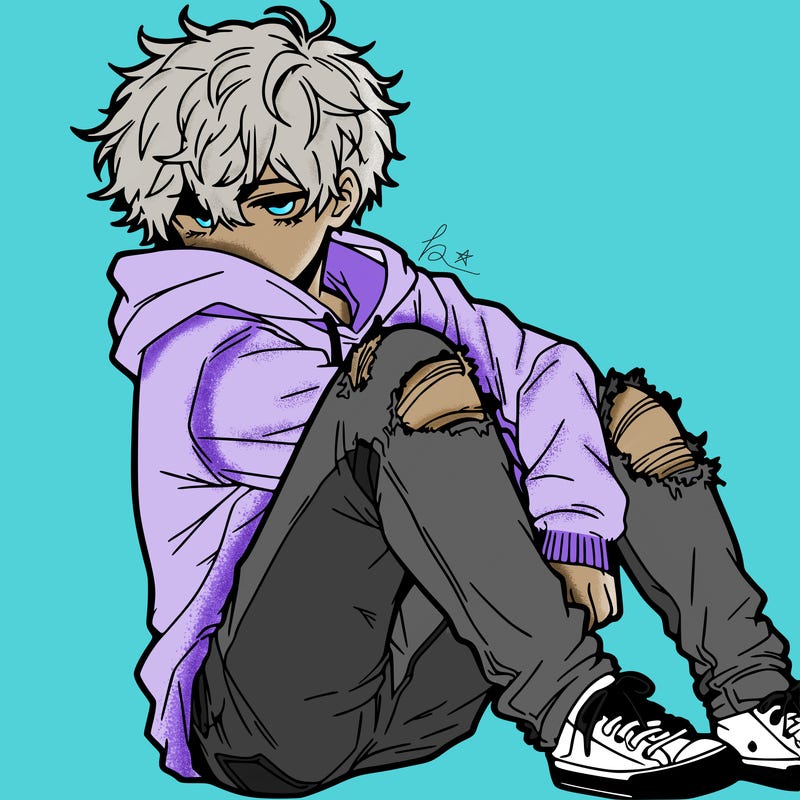 a male hoddie ripped jeans messy hair anime