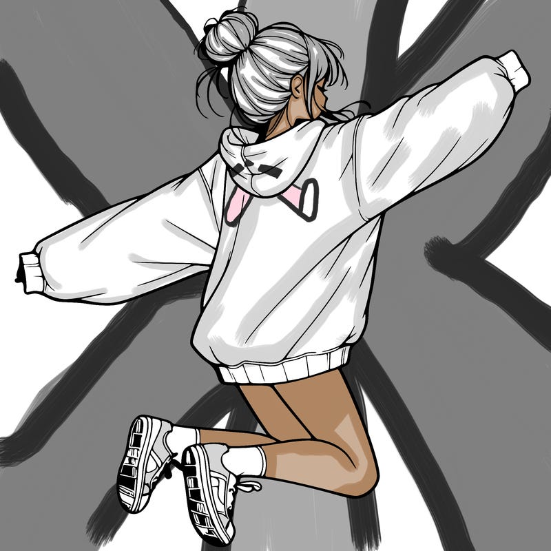 realistic girl jumping with a bun and oversized sweatshirt