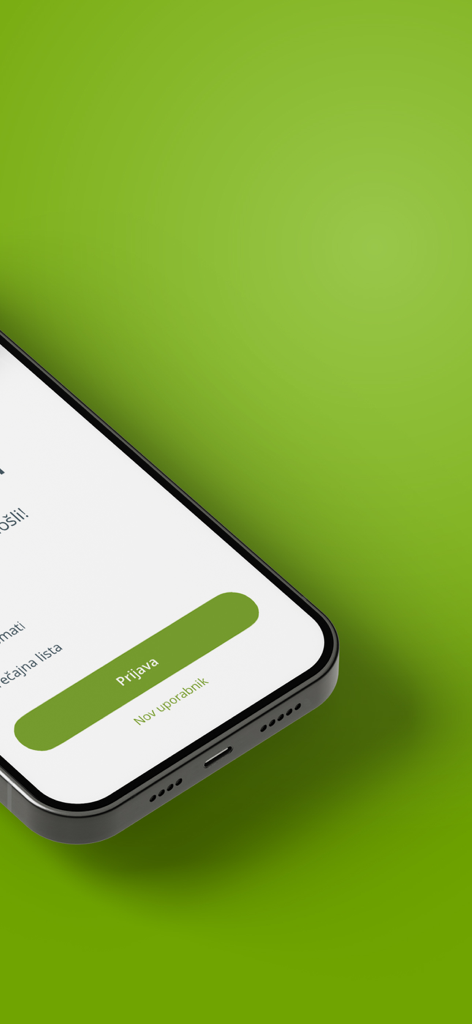 DH Mobilni - Uno smartphone che mostra il pulsante di accesso e la schermata di benvenuto dell'app bancaria DH Mobilni su uno sfondo verde.