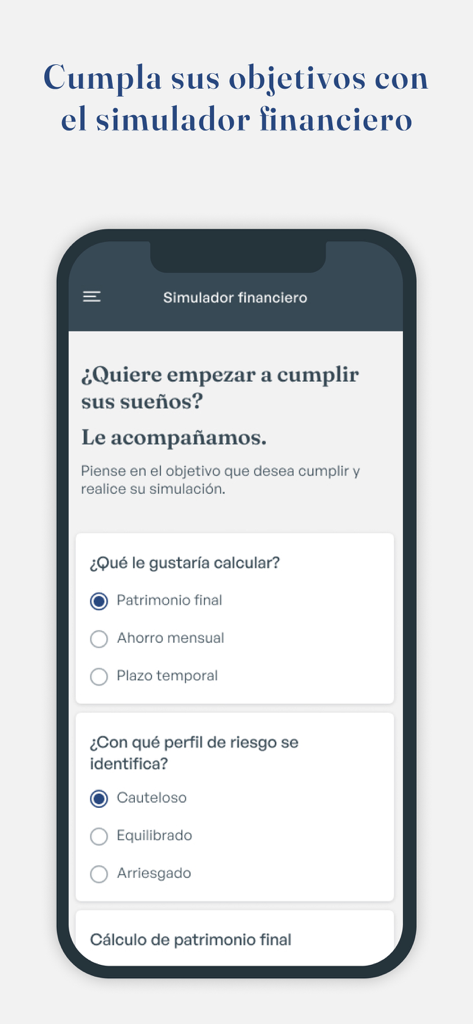 Interfaz de la aplicación móvil Tressis que muestra un simulador financiero para objetivos patrimoniales y selección de perfil de riesgo