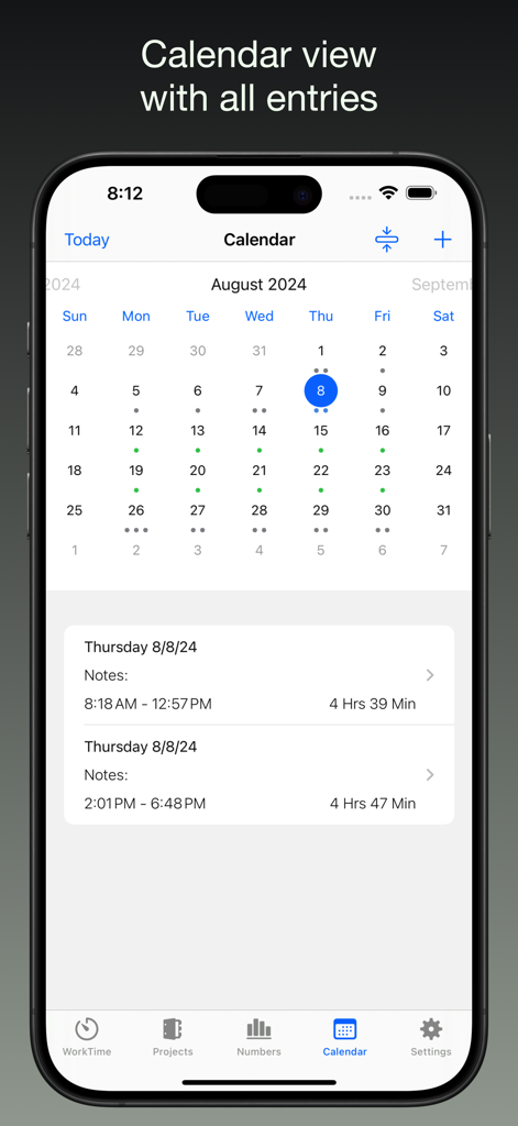iboChron - Work Time Tracker - iboChron App Kalenderansicht mit monatlicher Arbeitsverlauf und detaillierten täglichen Zeiterfassung für August 2024