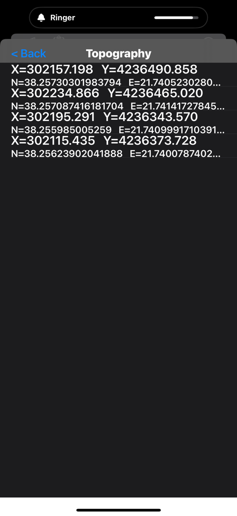 Topography Lite - Topography Lite app screen showing a list of GPS survey coordinates with X and Y values
