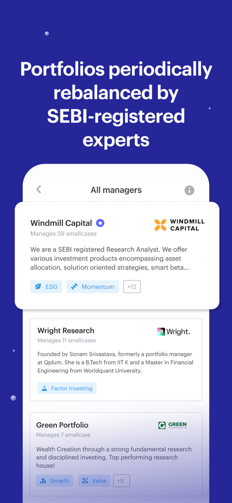 A screen from the smallcase app showing a list of SEBI registered portfolio managers including Windmill Capital and Wright Research.