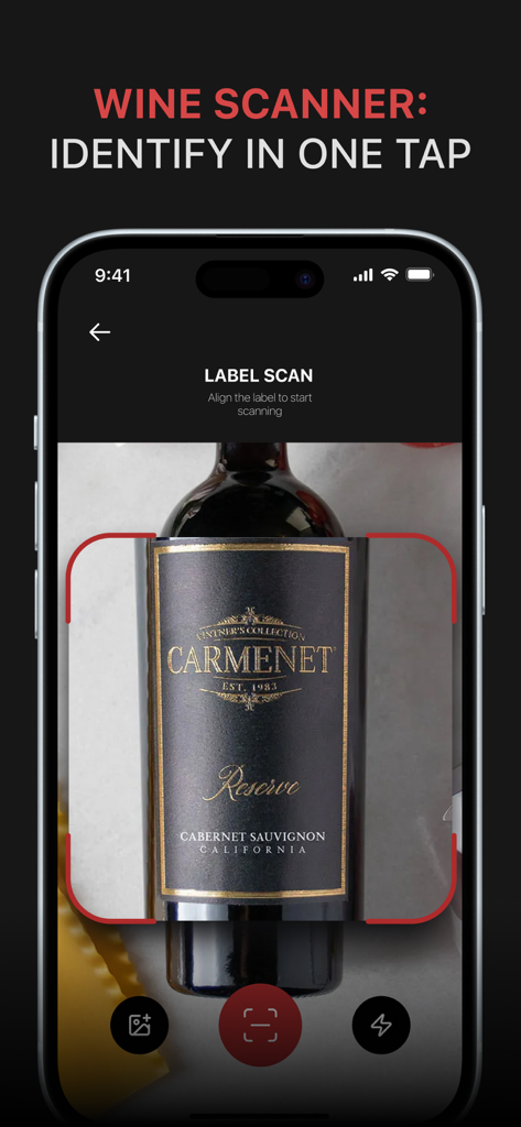 Aplicación Wine Scanner escaneando una botella de vino Cabernet Sauvignon
