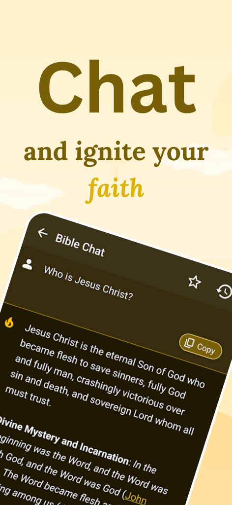 Torch - Bible Chat - Torch Bible Chat app interface showing a question and biblical response about Jesus Christ