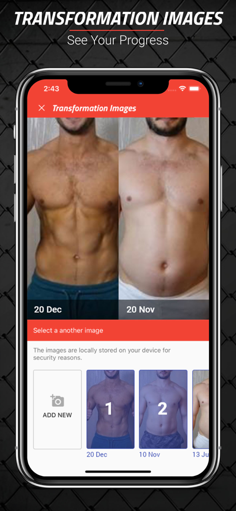 MMA Spartan Workouts Pro - Smartphone screen showing the transformation images feature of the MMA Spartan Workouts Pro app with a before and after physique comparison.