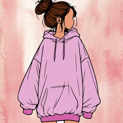 realistic girl with a oversized sweatshirt on and a bun