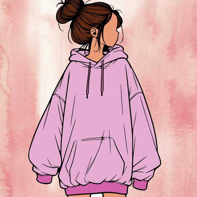 realistic girl with a oversized sweatshirt on and a bun