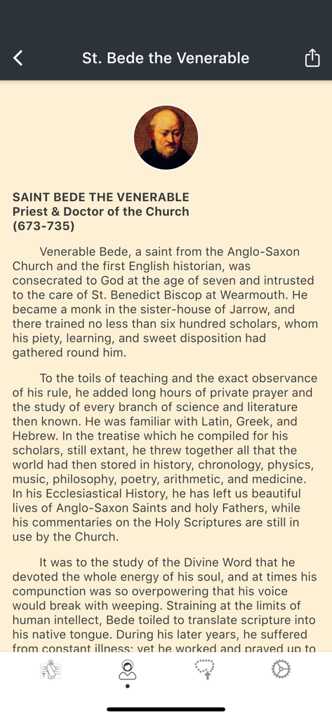 Biografía detallada y retrato de San Beda el Venerable en la aplicación Evangelizo