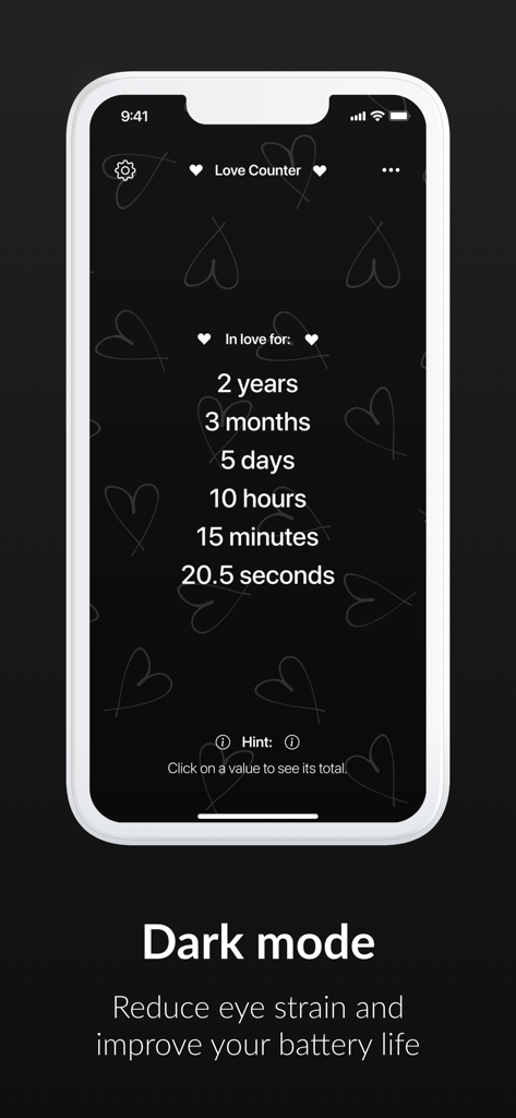 Captura de pantalla de la aplicación Love Counter que muestra un rastreador detallado del tiempo de relación en modo oscuro con un fondo temático de corazones