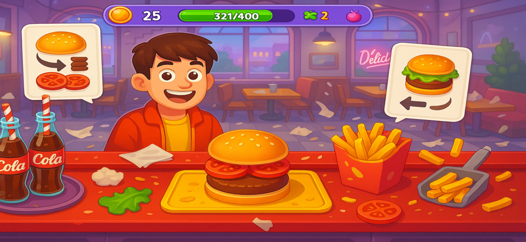 Foodie Kitchen :food making - A chef serving a burger and fries in a colorful kitchen game