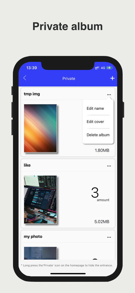 Screenshot der Private Album-Oberfläche in der Super Cleaner App mit Fotoordnern und Menüoptionen.