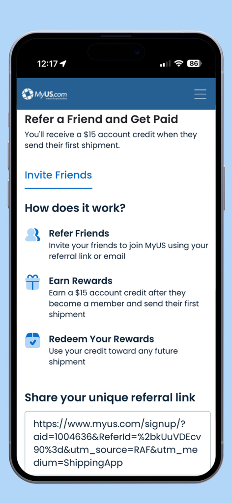 Pantalla de la app MyUS que muestra el programa de recomendación de amigos donde los usuarios pueden ganar un crédito de 15 dólares por cada referido