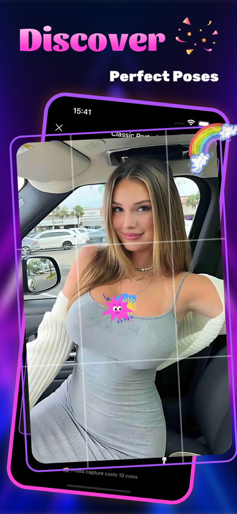 Bubo app camera interface with AI pose guidance overlay for a professional portrait