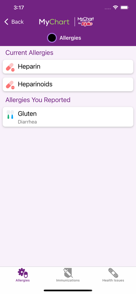 Screenshot of the Trinity Health MyChart app showing a list of current and reported patient allergies including heparin and gluten