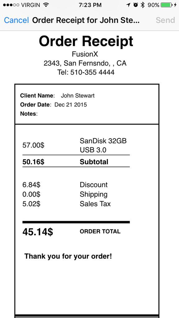 Invoice Mini: Create Invoices and Purchase Orders - 注文の詳細と合計金額が表示されたInvoice Miniアプリのデジタル注文領収書のプレビュー