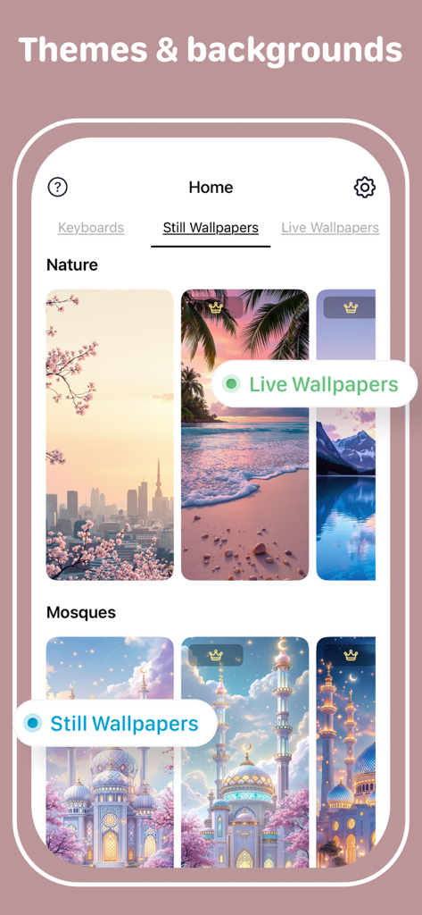 Keyboard+ Fonts & Themes - Interfaz de la aplicación Keyboard plus mostrando varias categorías de fondos de pantalla fijos y animados como naturaleza y mezquitas