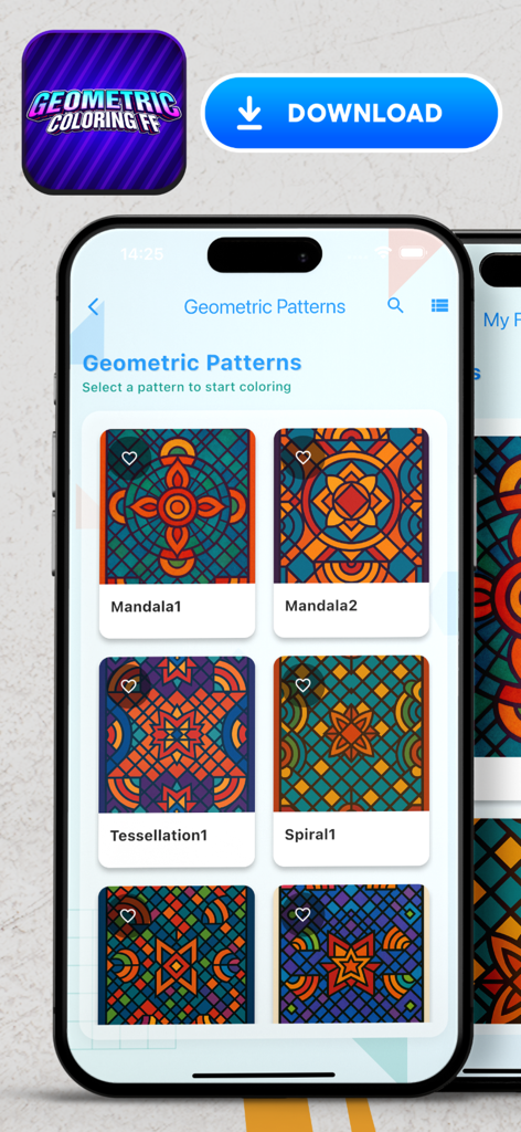 Geometric Coloring GG - Interfaz de la aplicación Coloración Geométrica GG mostrando una galería de coloridos mandalas y patrones geométricos para colorear