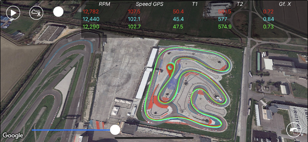 Aplicación Alfano ADA mostrando telemetría de pista de karting y superposiciones de datos de carreras