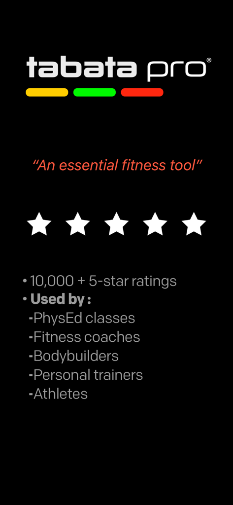 Tabata Pro app screen displaying 5-star ratings and a list of professional users including fitness coaches, athletes, and personal trainers.
