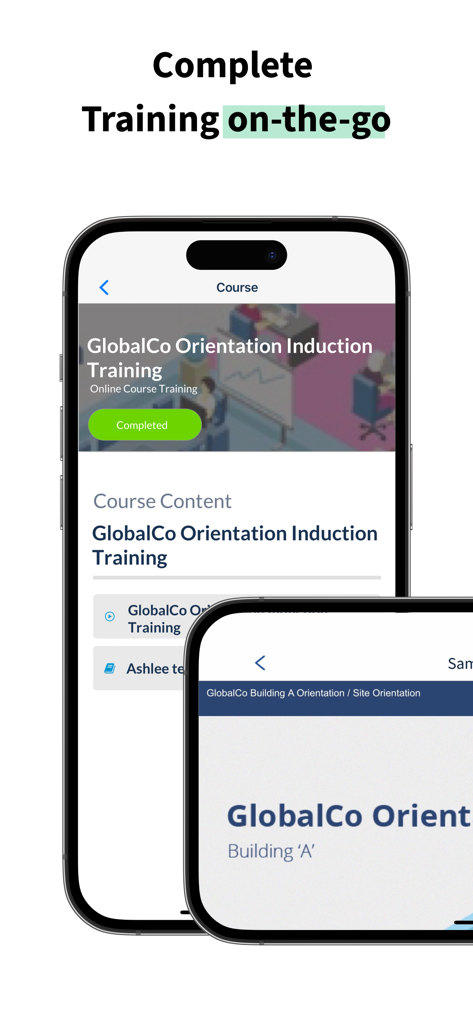 Avetta Workforceアプリのモバイルインターフェースに、完了したオリエンテーション導入トレーニングコースがスマートフォン画面に表示されている様子。