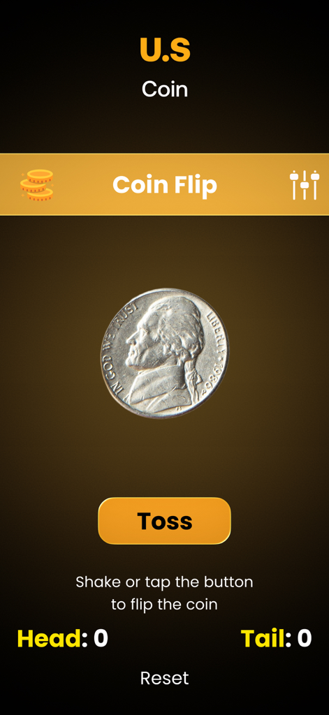 Flip a Coin - Heads or Tails - A mobile app interface displaying a US nickel coin and a button to toss for heads or tails.