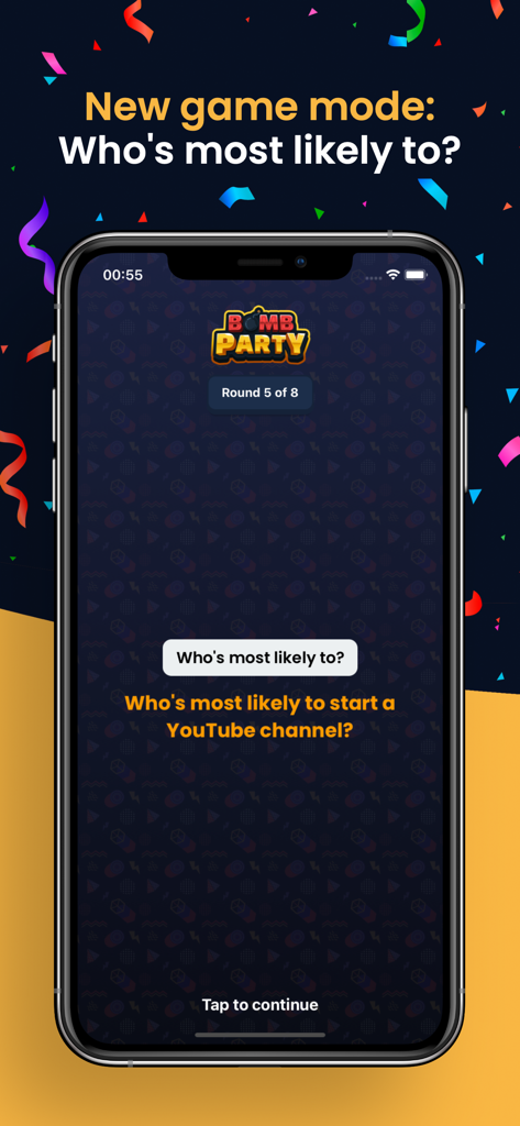 Captura de tela do aplicativo Bomb Party apresentando o modo de jogo Quem é Mais Provável De com uma pergunta social em um smartphone.