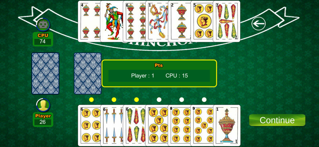 Pantalla de juego de la aplicación Chinchon Pabroton que muestra cartas españolas tradicionales y puntuaciones en una mesa digital verde