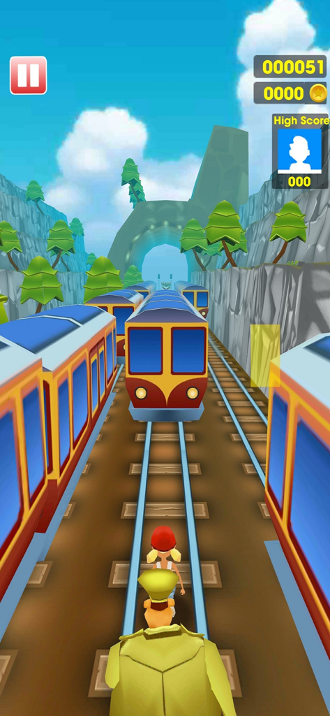 Subway Cute Runner - Jugabilidad de Subway Cute Runner mostrando un personaje corriendo en las vías del metro entre trenes