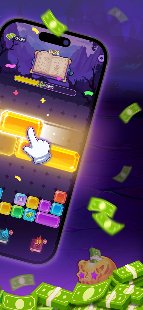 Gameplay of Magical Gems showing a golden jewel block being slid to complete a row with cash rewards.