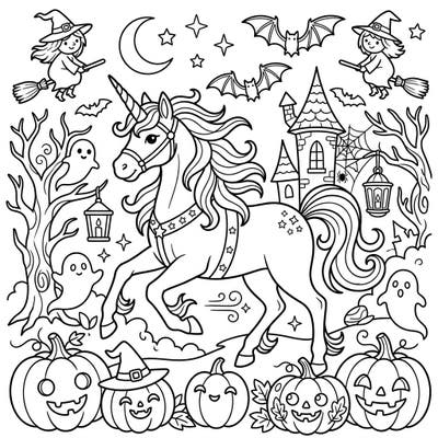 Unleash your creativity with this unique Golden Unicorn Halloween coloring page. Immerse yourself in a magical autumn scene filled with charming ghosts, playful witches, and festive jack-o'-lanterns.