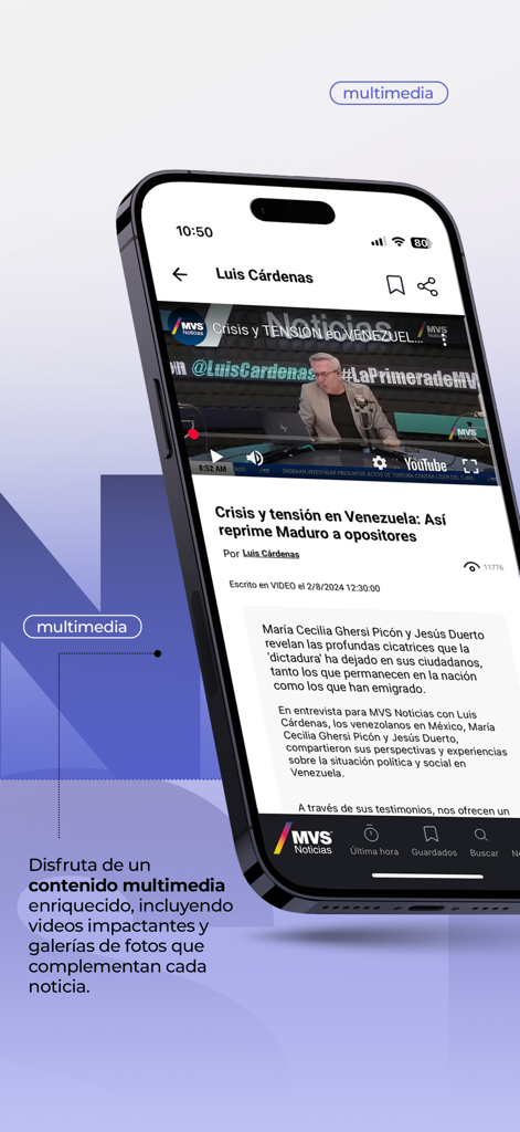 MVS Noticias - Captura de tela da interface do aplicativo MVS Noticias apresentando um artigo de notícias com um player de vídeo incorporado para conteúdo multimídia.