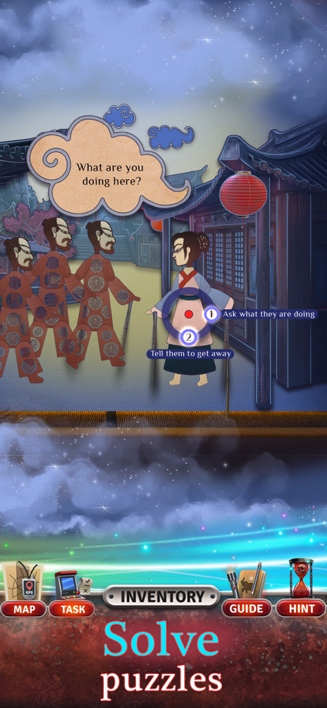 Crossroads 2 Escaping the Dark - A shadow puppet puzzle scene with dialogue choices in Crossroads 2 Escaping the Dark.