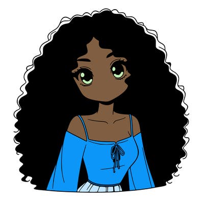 a black anime girl with long afro hair