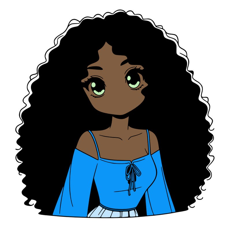 a black anime girl with long afro hair