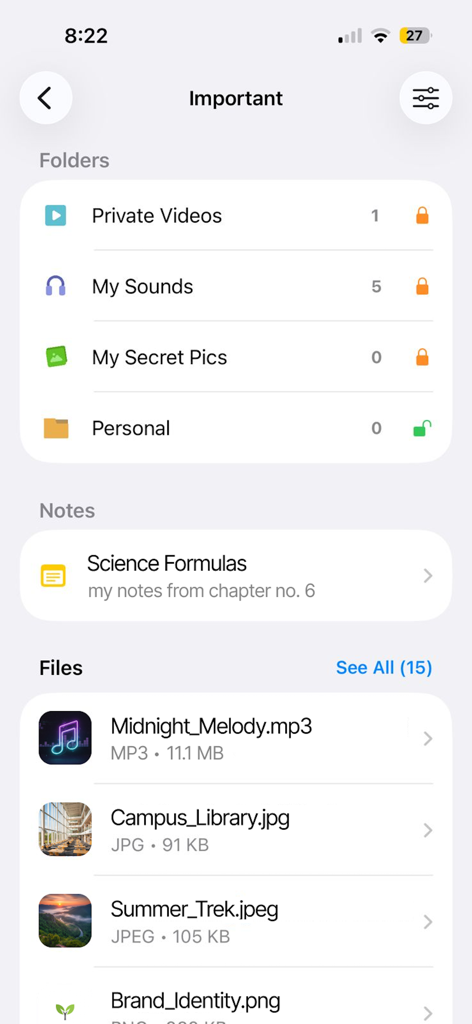 Lock it - Hide Photos, Files - Pantalla de la aplicación Lock it mostrando carpetas privadas y archivos seguros