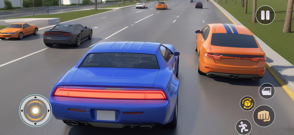 Gangster Simulator Crime Game - Third person view of a blue car driving on a city highway in Gangster Simulator Crime Game