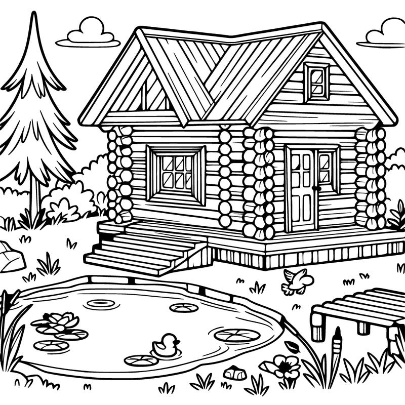 log cabin with pond