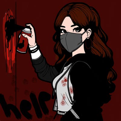 realistic girl with mask spray painting a wall